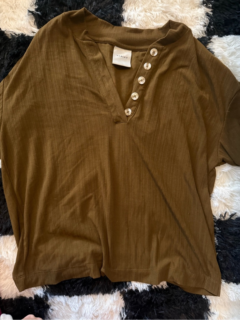 Varley Olive Green Button-Front Ribbed Short Sleeve Top